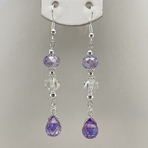 Stunning Purple AB Teardrop Glass Dangle Earrings Silver Tone Beaded Statement